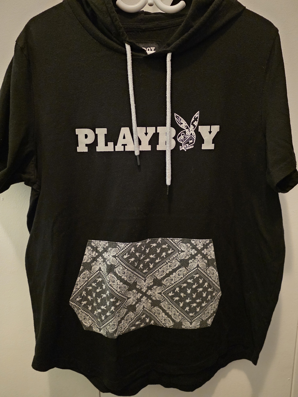 PLAYBOY Black Short-Sleeve Hooded Tee with White Logo and Bandana Pocket